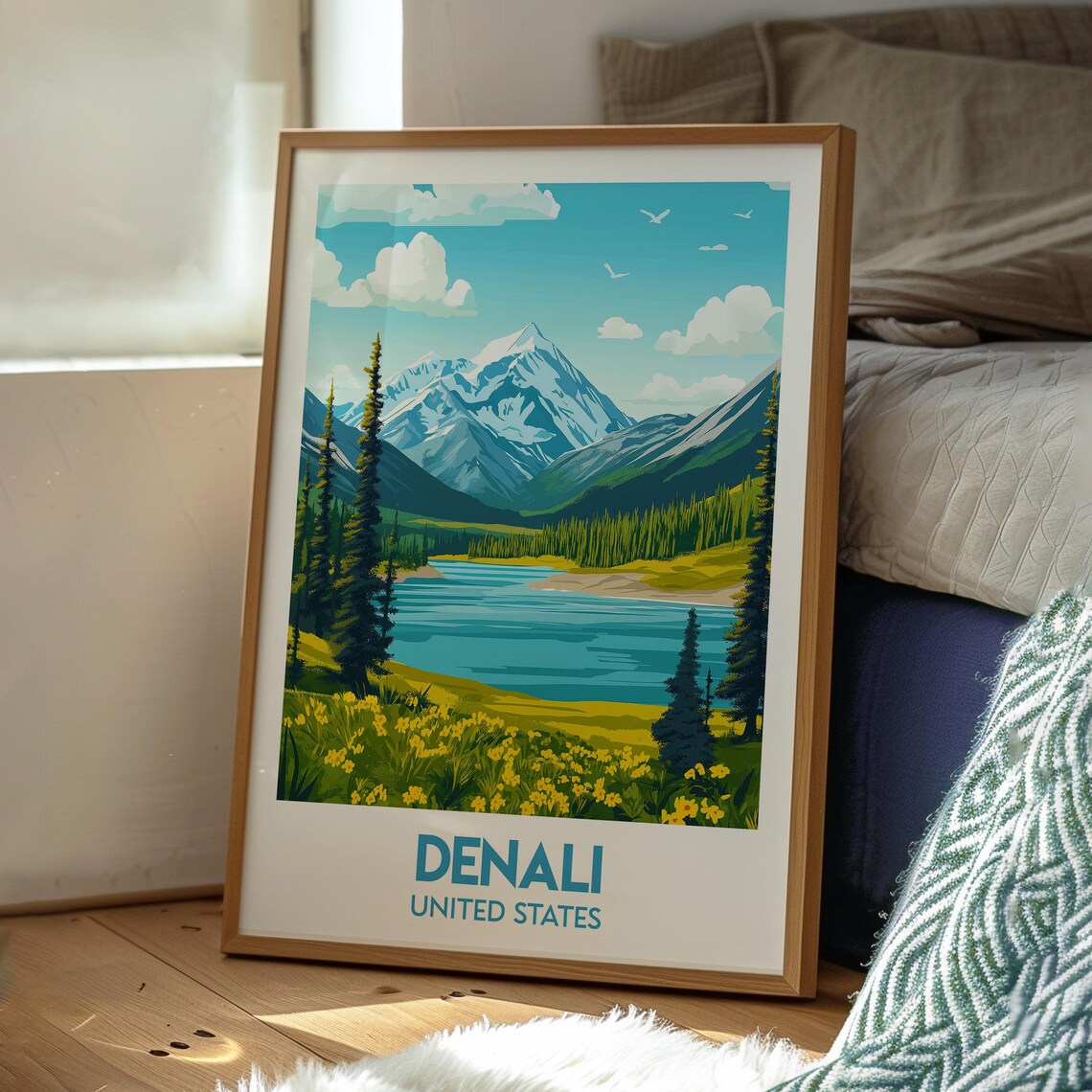 Denali Alaska Snow Capped Mountain Lake Wilderness Scene Art Poster - Image 3