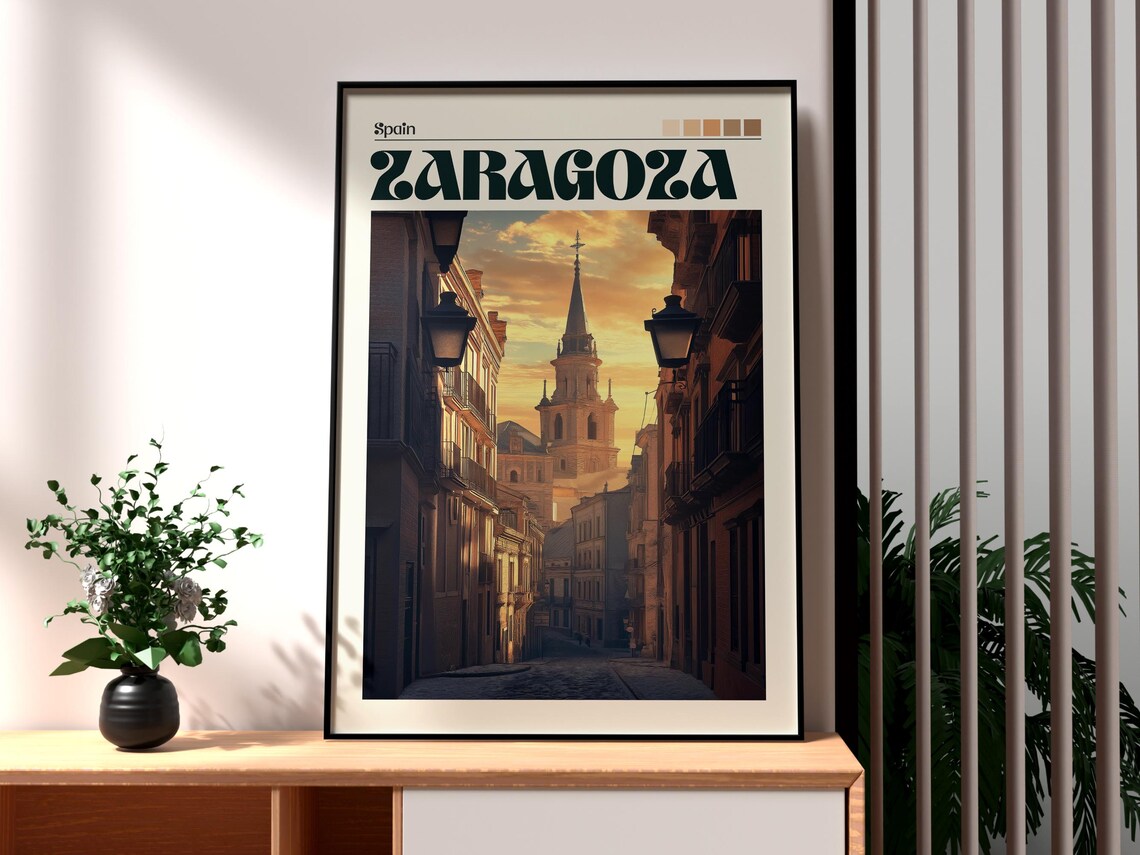 Zaragoza Spain Old Town Street Basilica Sunset Cityscape Poster