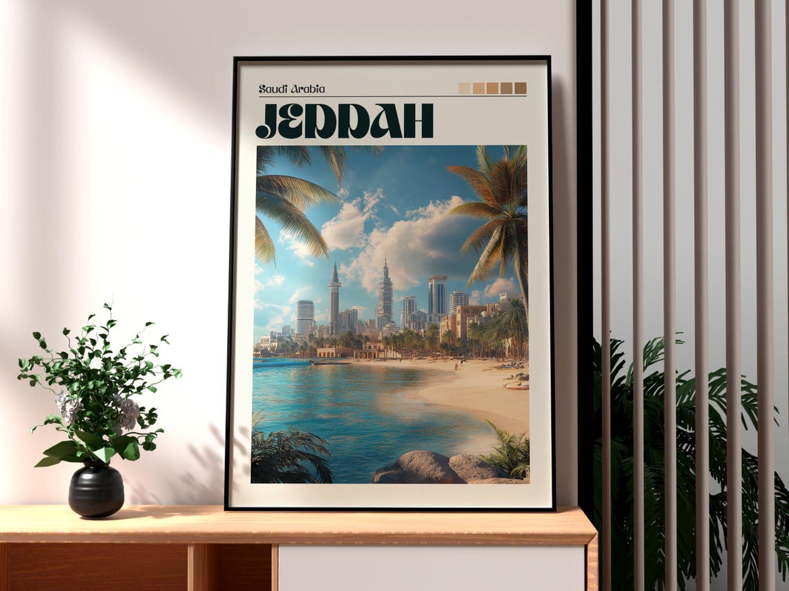 Jeddah Saudi Arabia Coastal Skyline Beach Palms Travel Poster