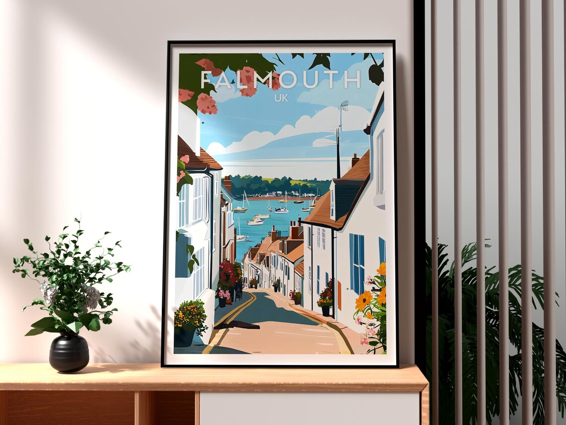 Falmouth Cornwall Harbour Street Sailboats Seaside Travel Poster