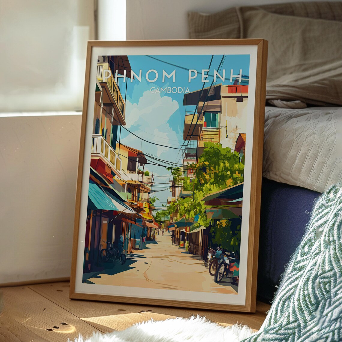 Phnom Penh Cambodia Old Street Shophouse Town Scene Travel Poster - Image 3
