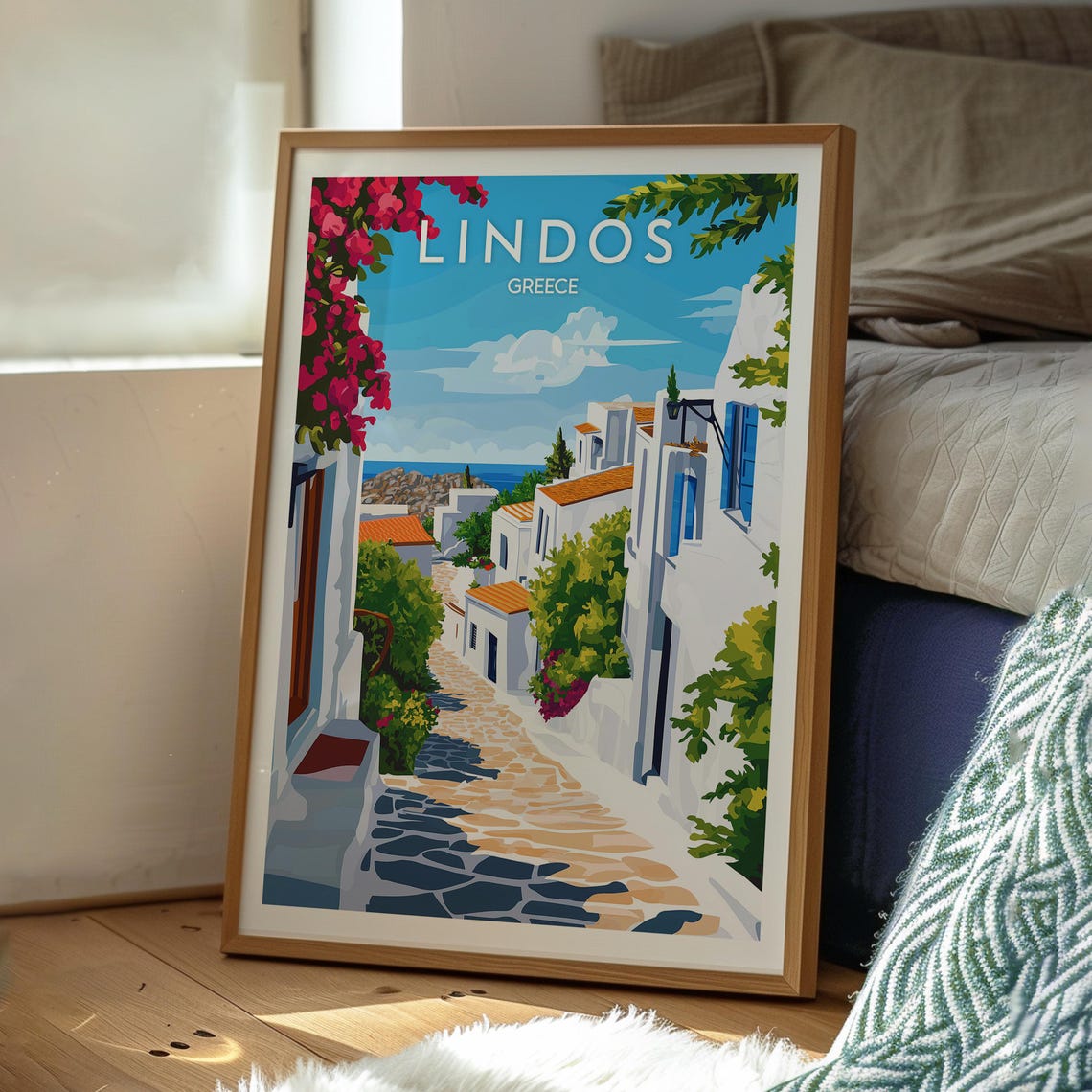 Lindos Greece Whitewashed Village Cobblestone Street Travel Poster - Image 3