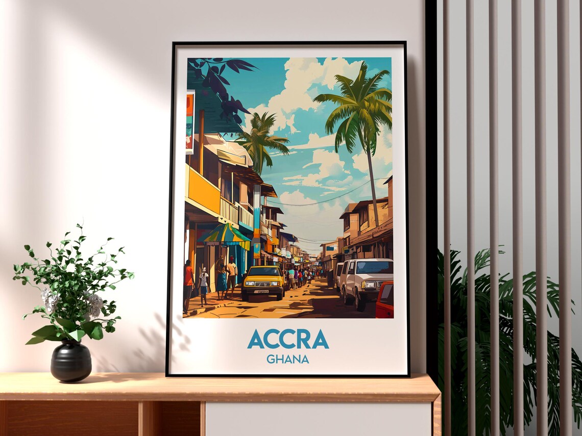 Accra Ghana Bustling Market Street Palm Trees Vintage Travel Poster