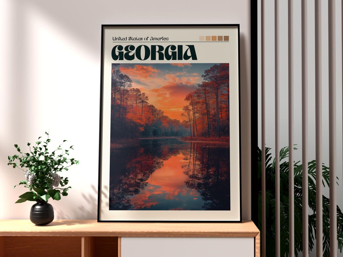 Georgia USA Pine Forest River Fiery Sunset Reflection Poster