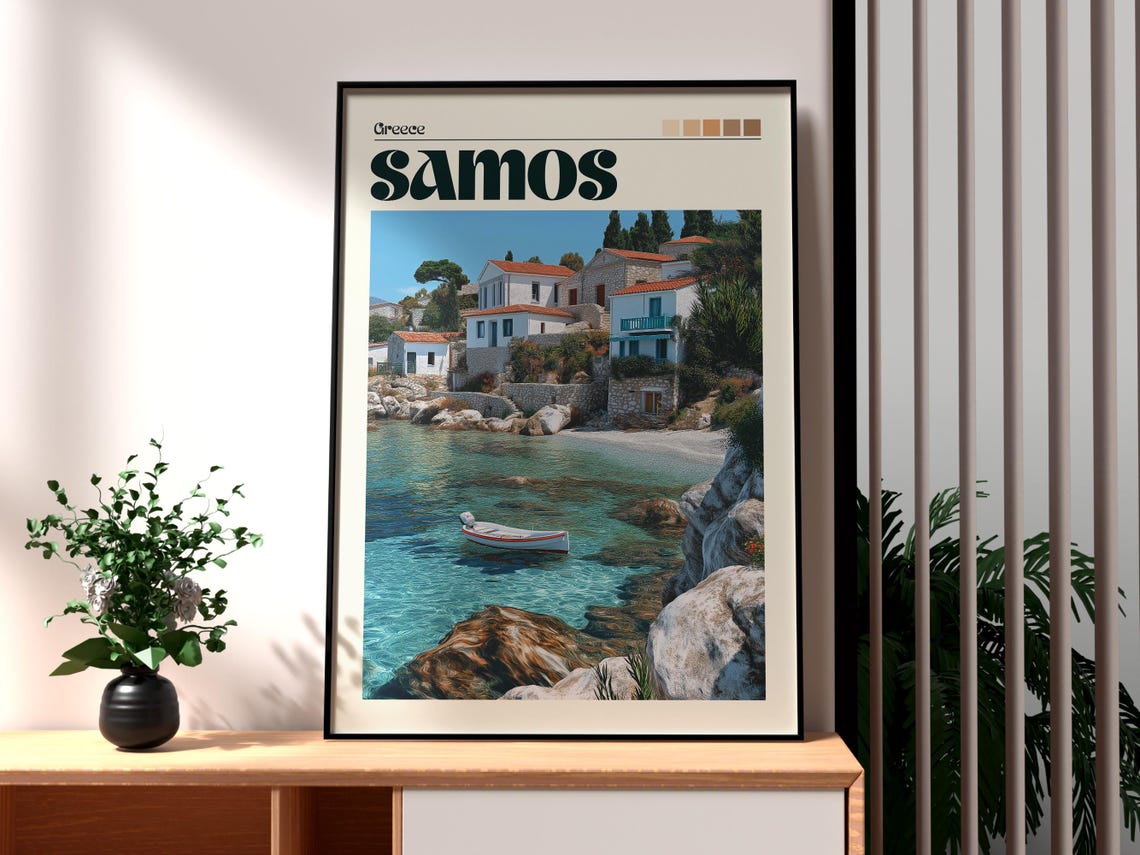Samos Greece Whitewashed Village Turquoise Cove Vintage Travel Poster