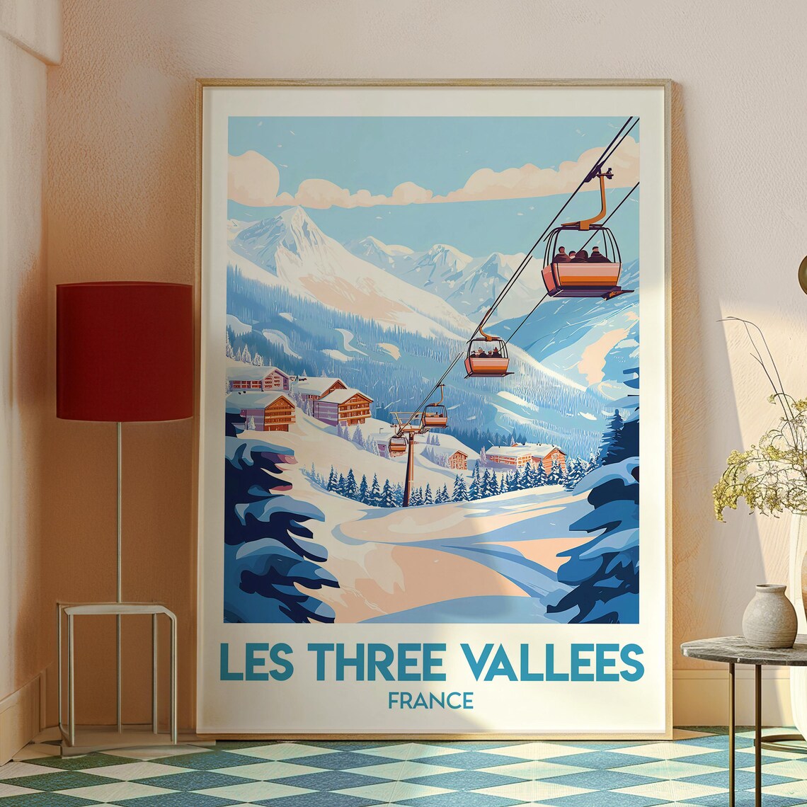 Les Three Vallees France Ski Gondola Chalet Alpine Scene Poster - Image 2