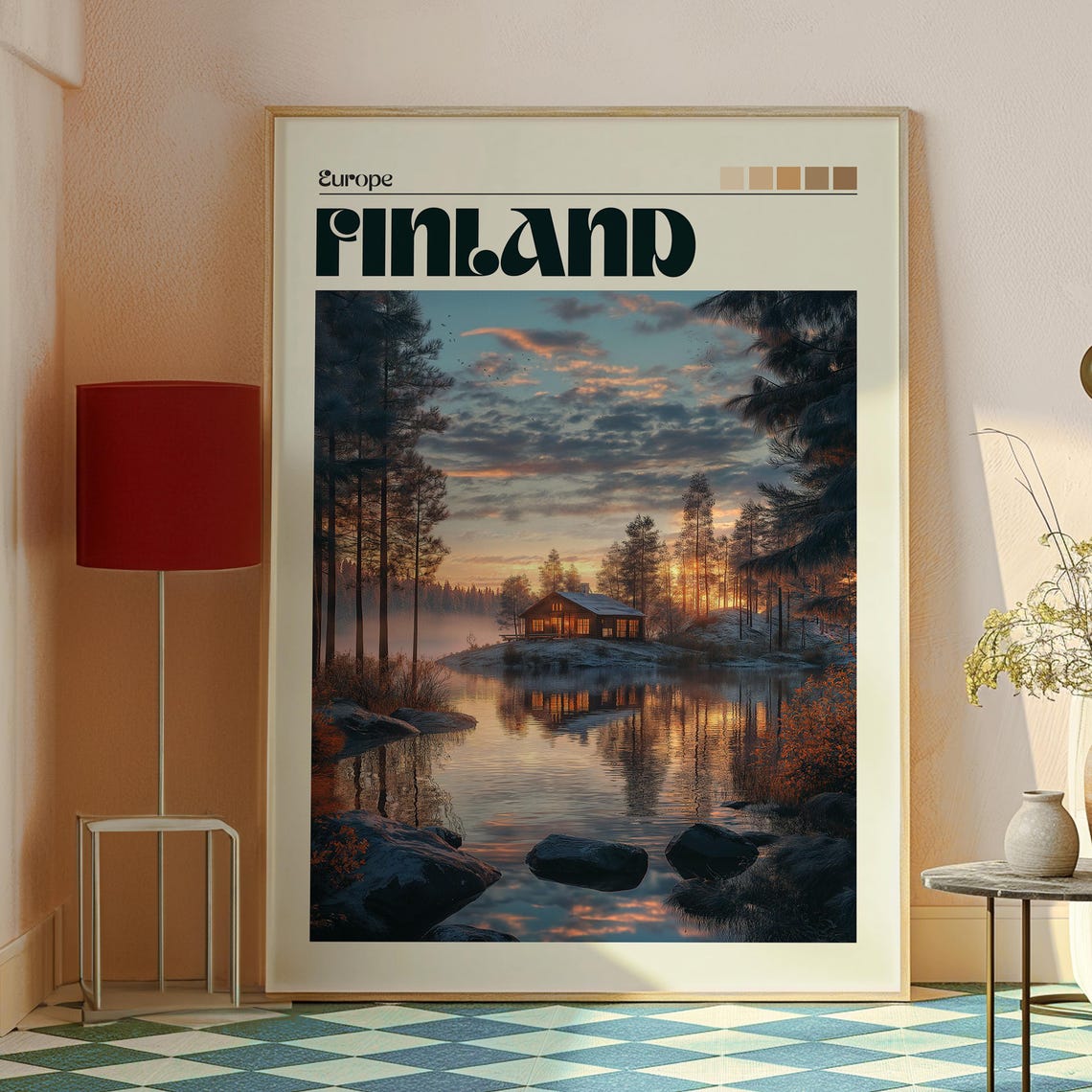 Finland Lakeside Cabin Sunset Pine Forest Reflections Poster - Image 2