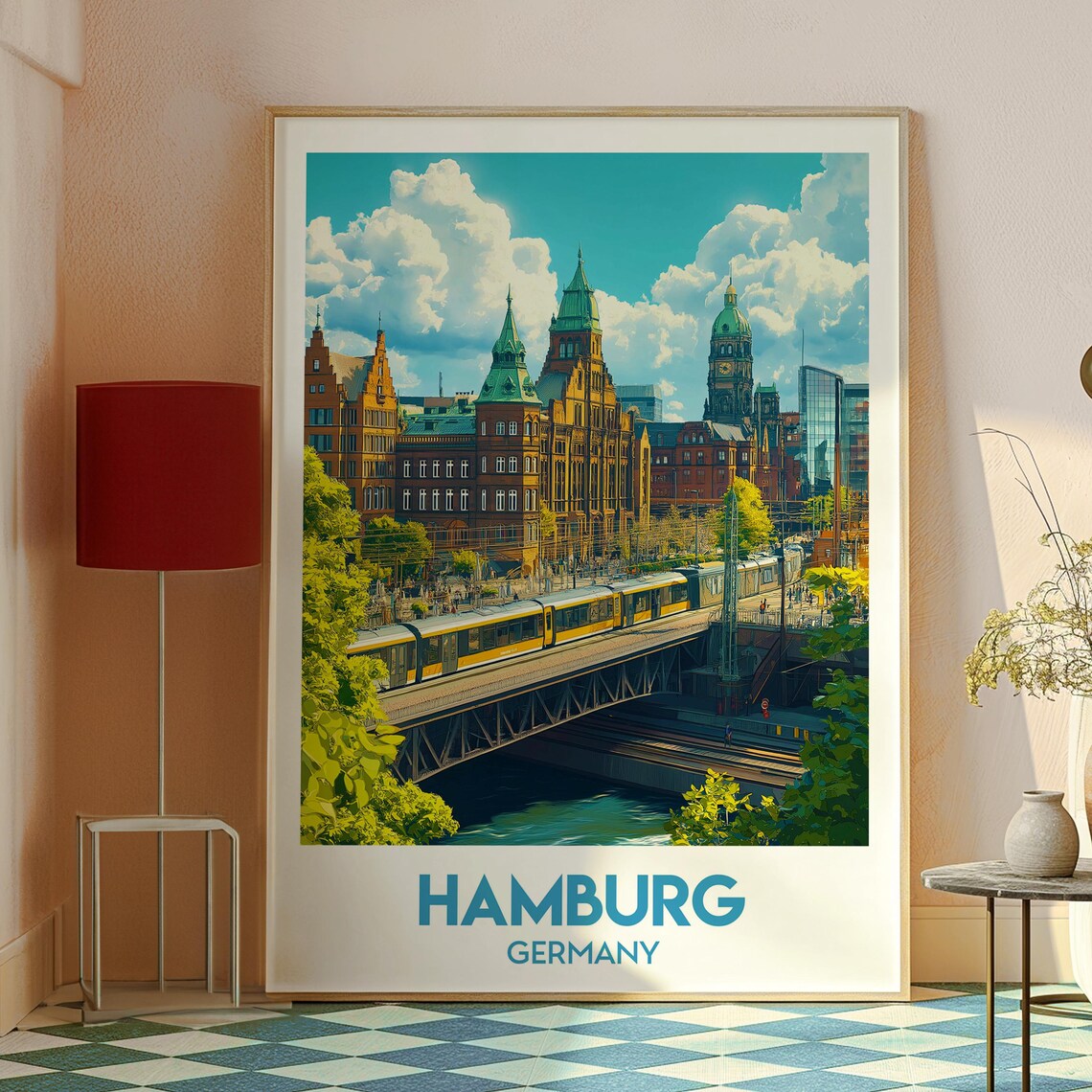Hamburg Germany City Hall Train Bridge Vintage Skyline Travel Poster - Image 2
