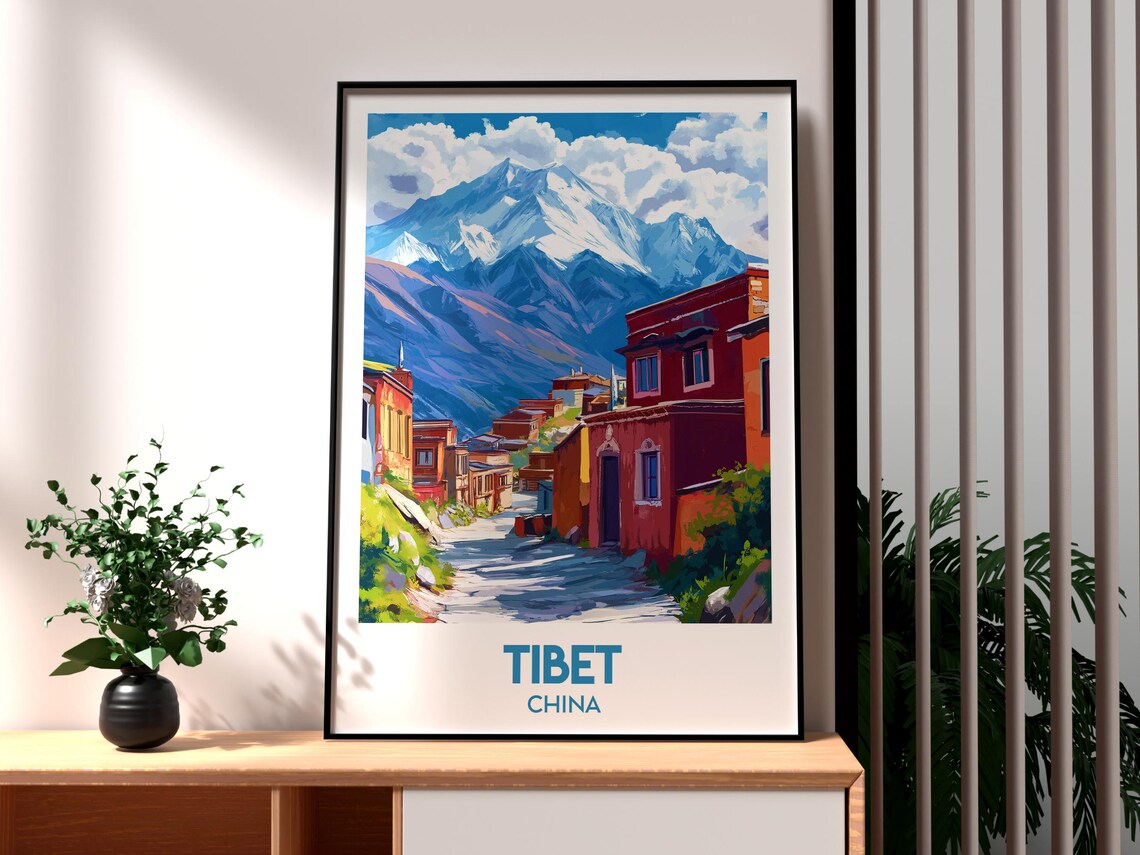 Tibet China Himalayan Village Snow Mountain View Travel Poster