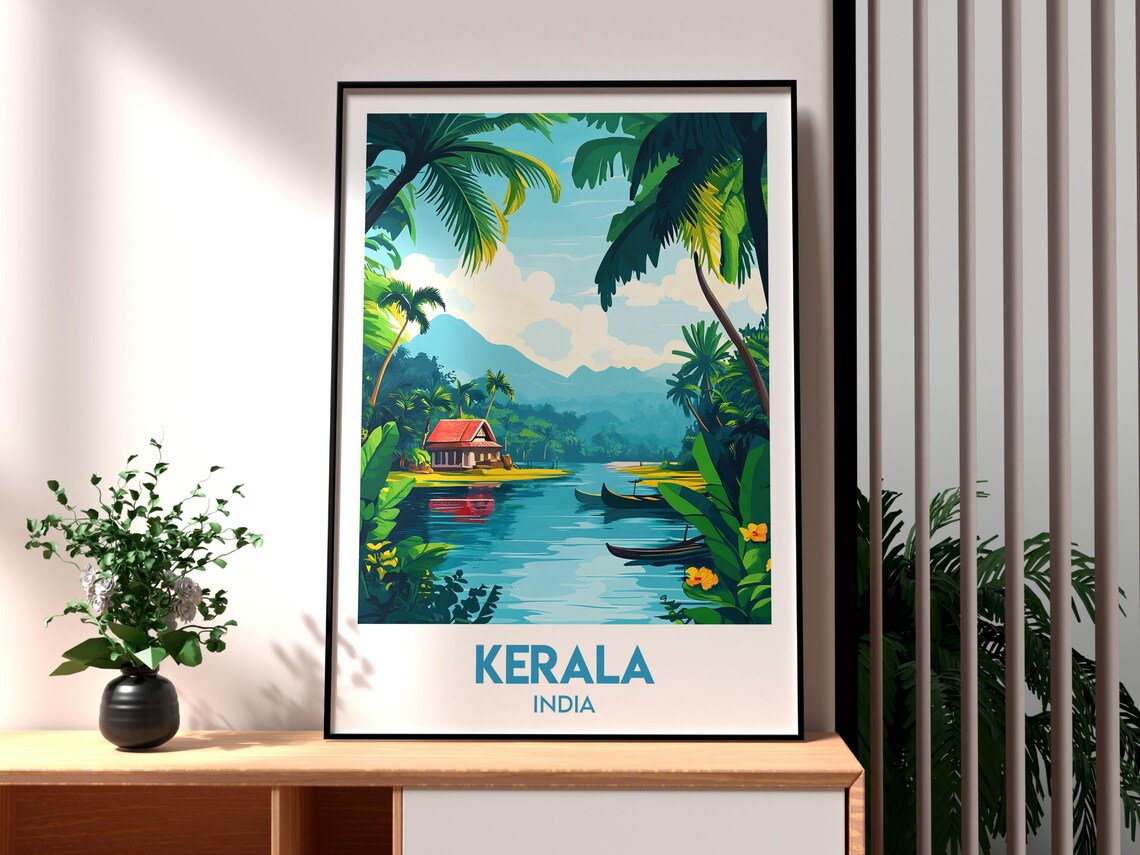 Kerala India Lush Backwater Palm Canal Boat Vintage Travel Art Poster