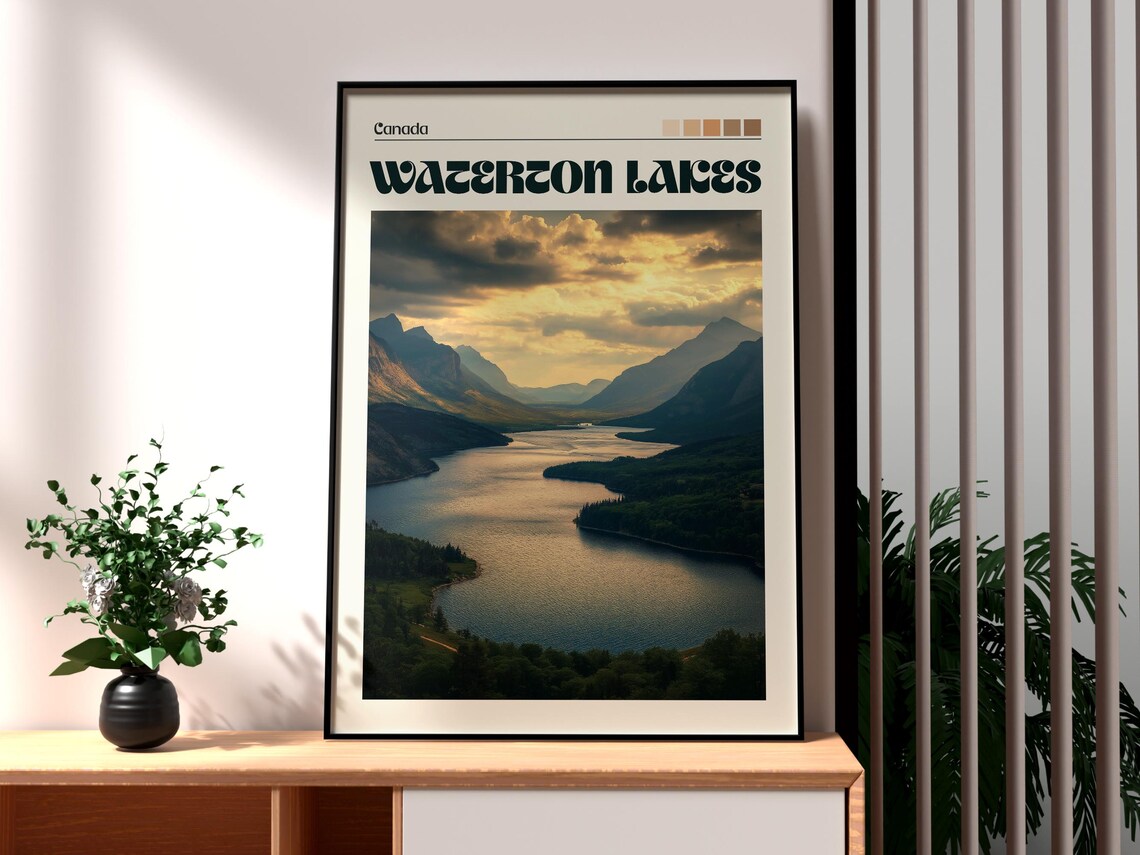 Waterton Lakes Canada National Park Mountain Sunset Travel Poster