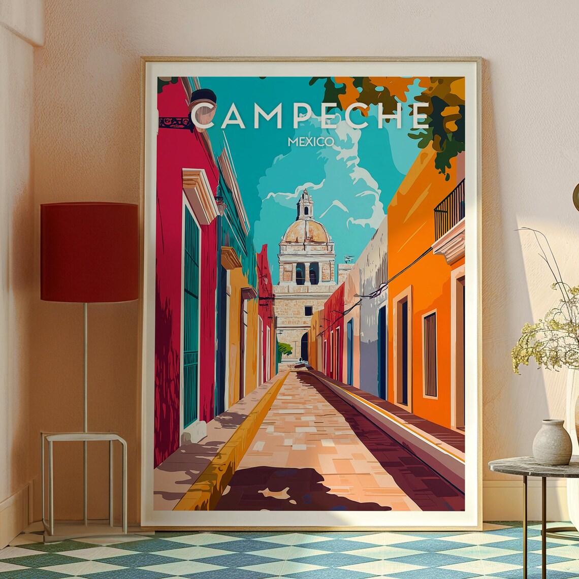 Campeche Mexico Colonial Street Domed Church City Travel Poster - Image 2