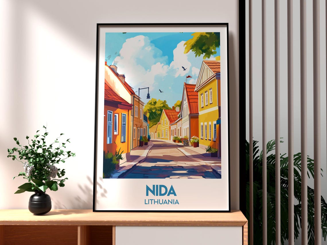 Nida Lithuania Charming Cobblestone Street Pastel Homes Travel Poster