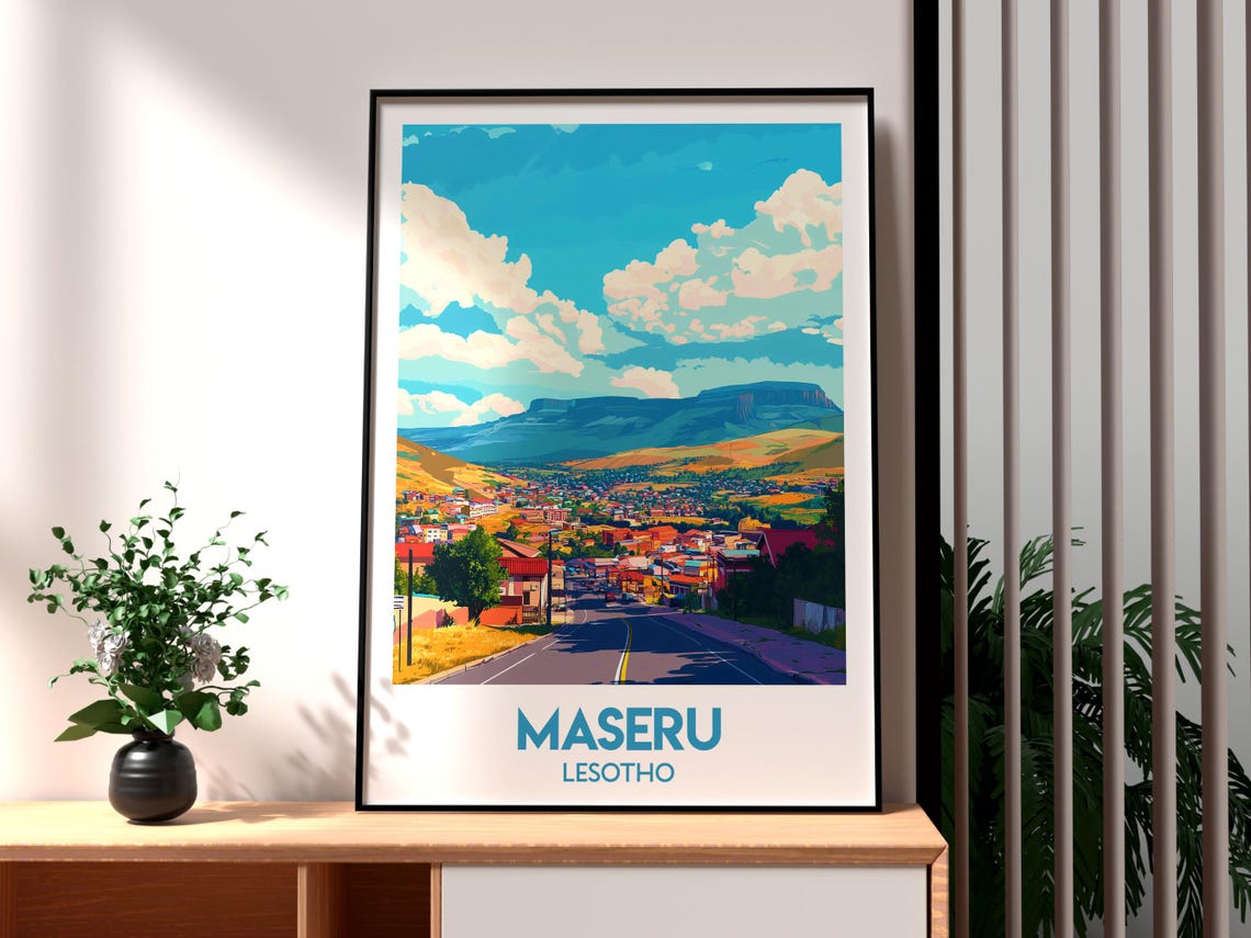 Maseru Lesotho Mountain City Skyline Illustrated Retro Travel Poster