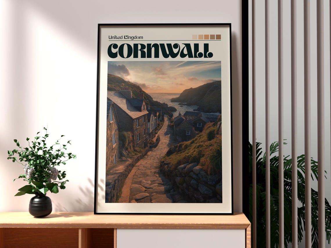 Cornwall UK Stone Village Lane Sunset Sea Rugged Cliffs Retro Poster