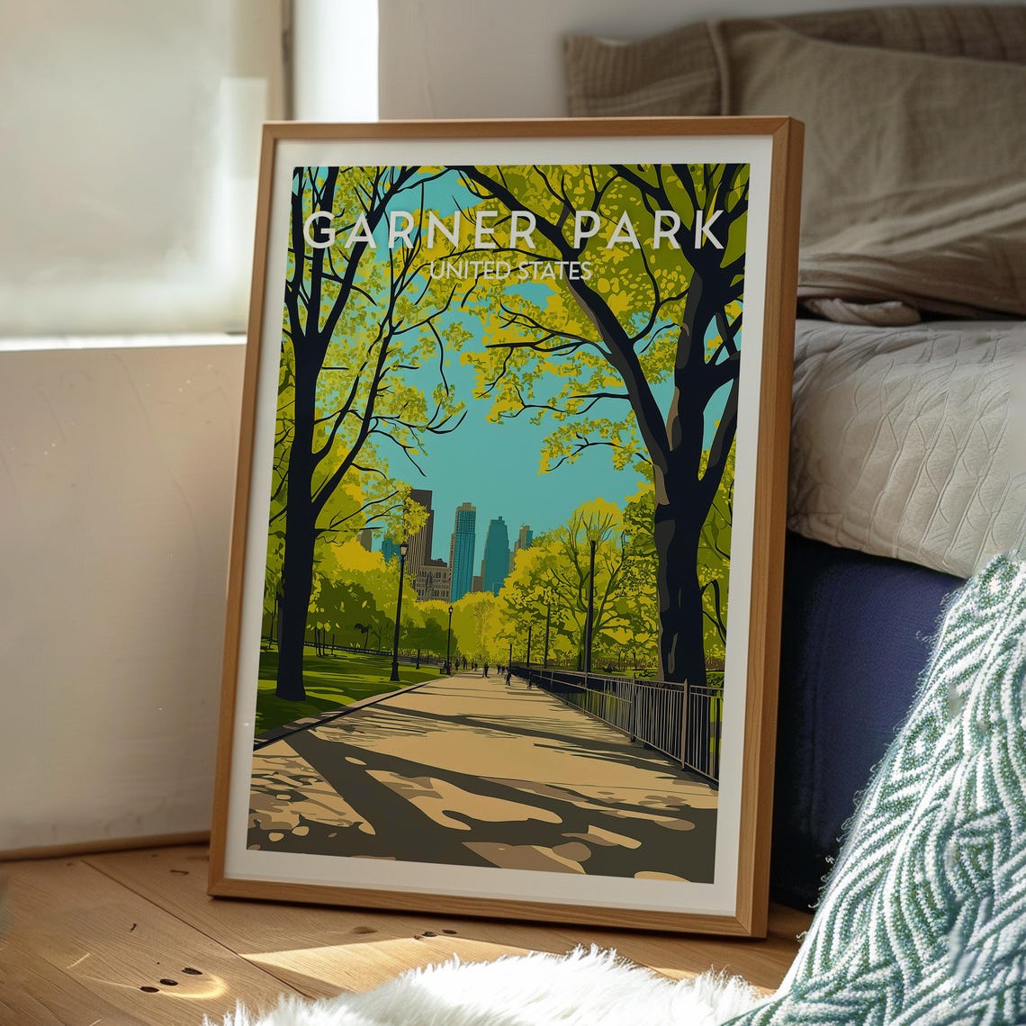 Garner Park Vintage Sunlit Tree Lined Path City Skyline Poster - Image 3