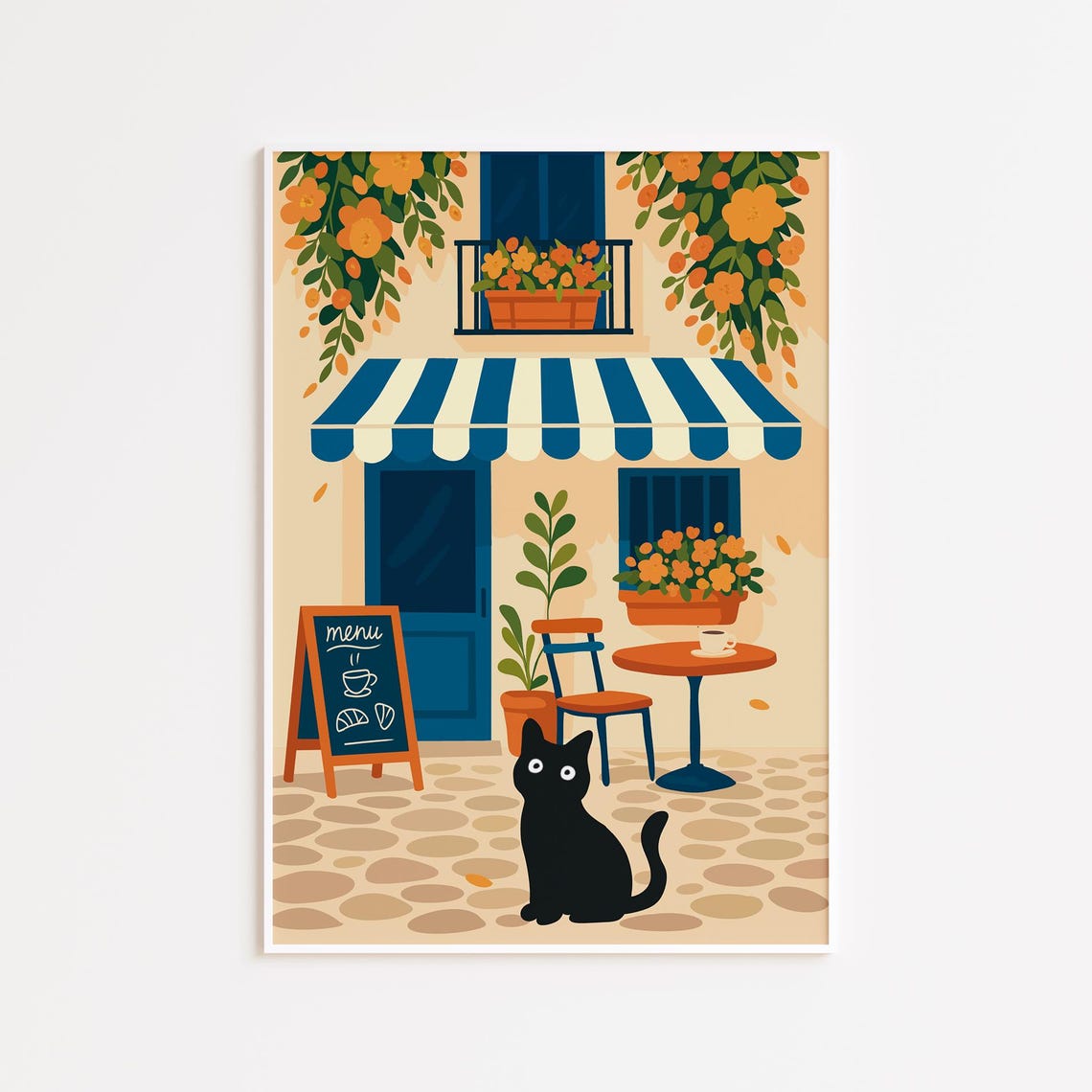 Cute Black Cat Cafe Striped Awning Coffee Illustration Art Poster