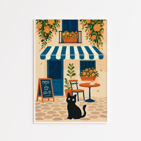 Cute Black Cat Cafe Striped Awning Coffee Illustration Art Poster