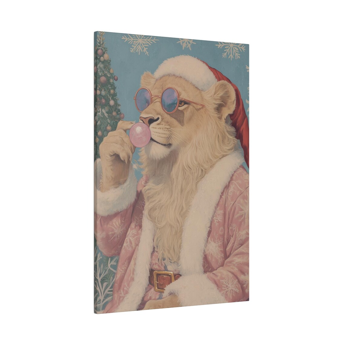 Christmas Lion Santa Blowing Bubble Gum, Wall Art Print