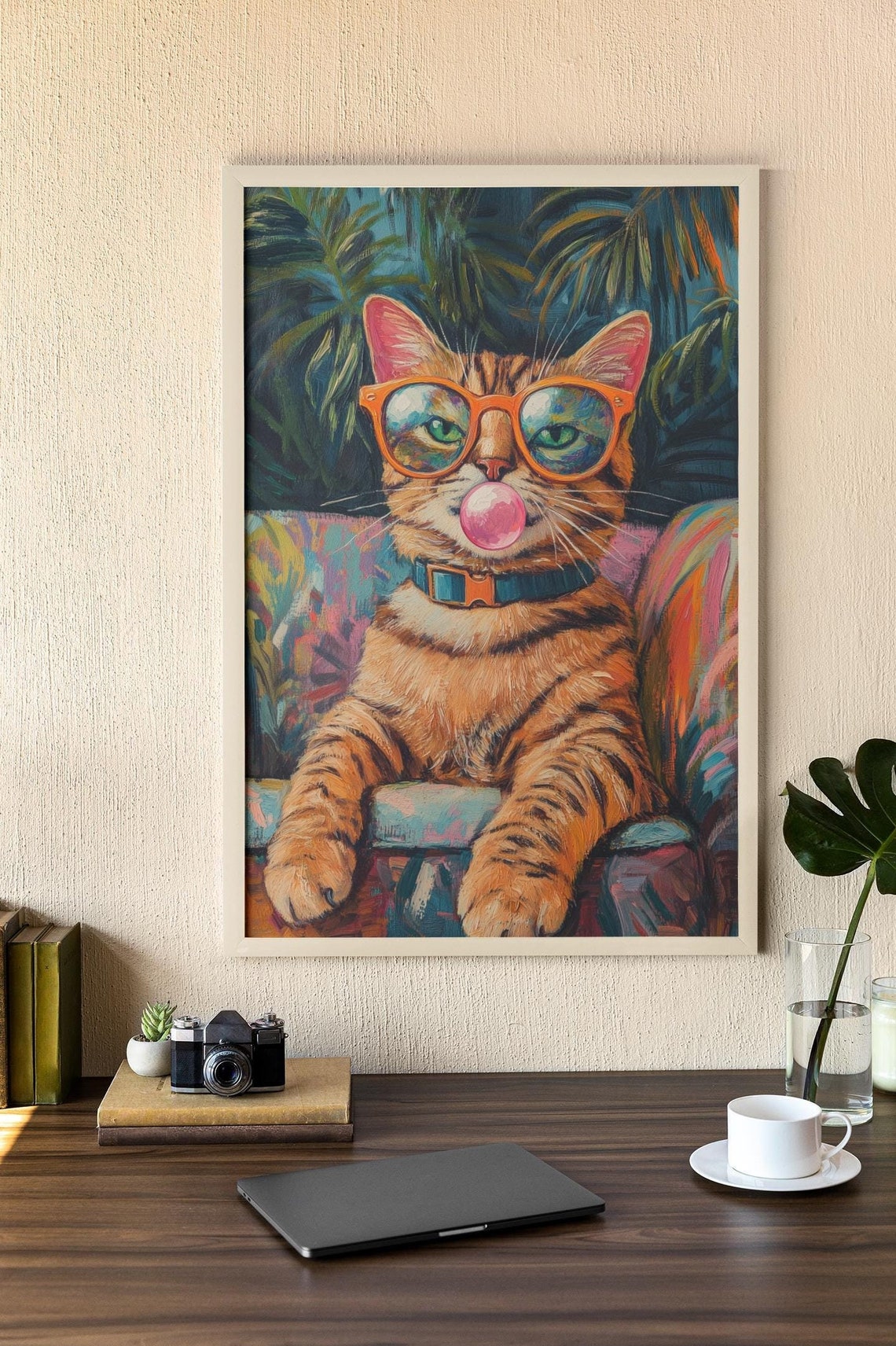 Tabby Cat With Orange Glasses Blowing Bubble Gum Tropical Fun Poster