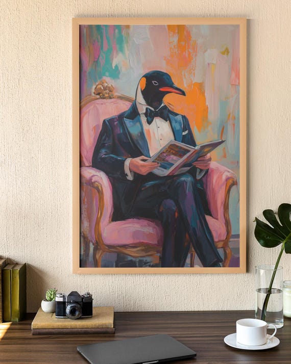 Pop Art Penguin Print Stylish Penguin In A Suit Bold Quirky Wall Decor