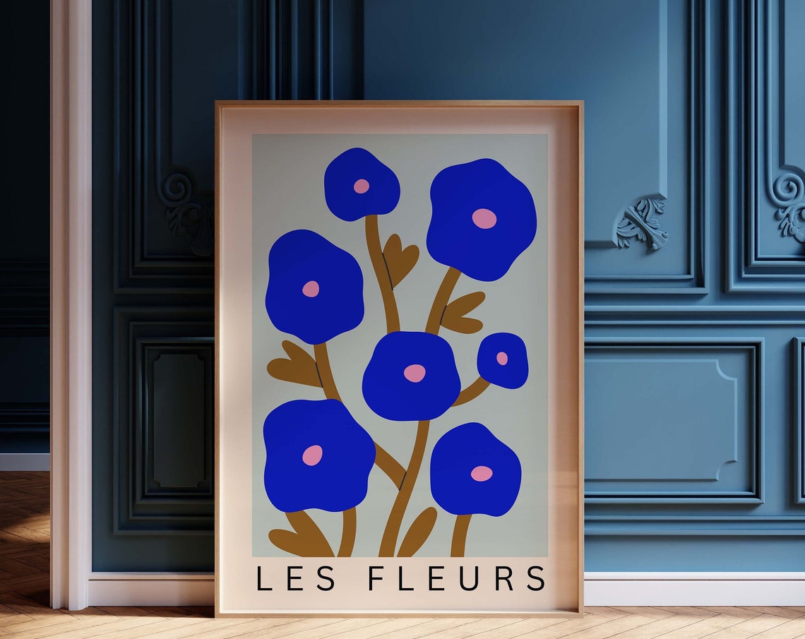 Les Fleurs Blue Poppy Blooms Modern Botanical Flower Art Poster