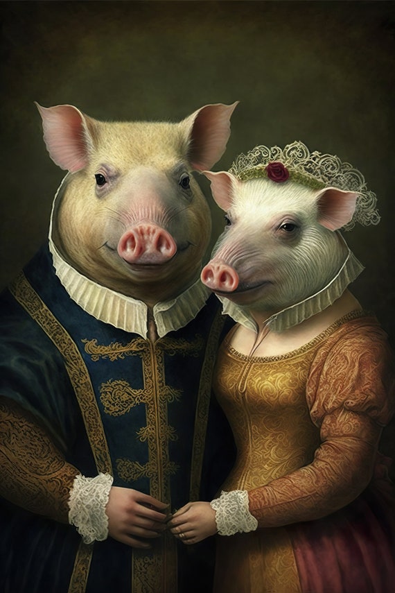 Aristocratic Pig Couple Funny Animal Art Renaissance Painting Mr Mrs Pig Romantic His And Hers Bedroom Decor Ai Created