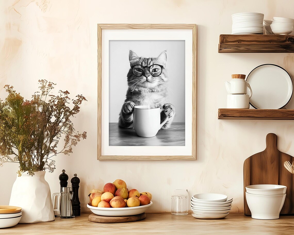 Cat Drinking Coffee With Glasses, Vintage Style Art Print - Image 2