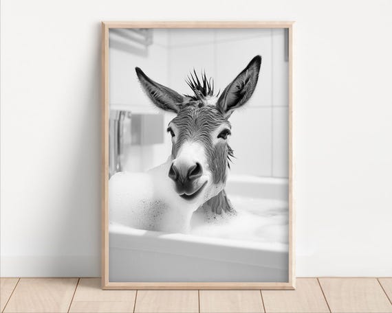 Donkey In The Bathtub Funny Bathroom Wall Art Cute Donkey Taking A Bubble Bath Vintage Style Retro Animal Photo Print Ai Art