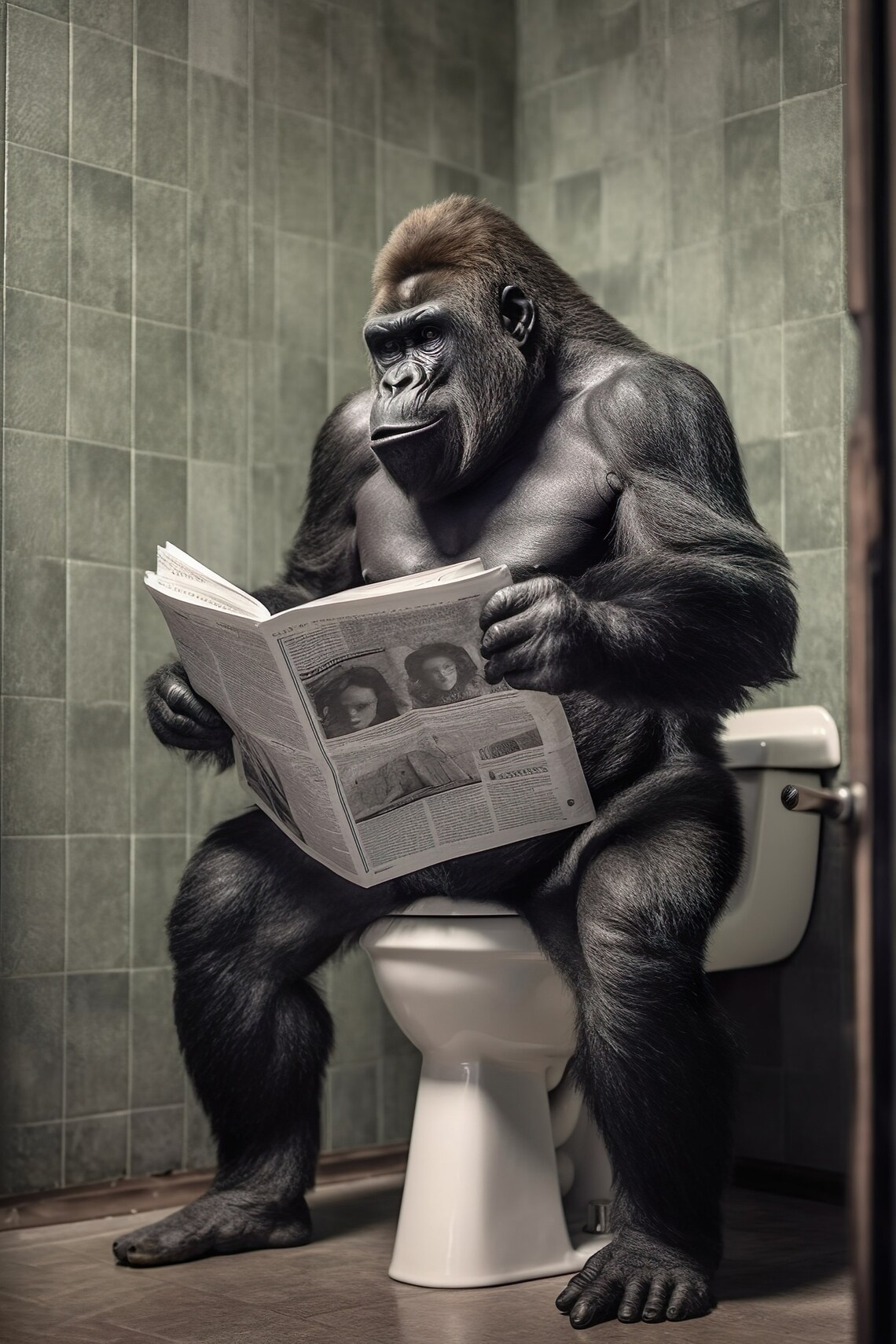 Gorilla Sitting On The Toilet, Funny Bathroom Art