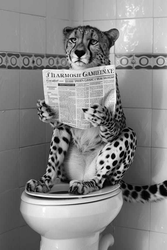 Cheetah Sitting On The Toilet Reading A Newspaper Funny Bathroom Wall Art Funny Vintage Style Animal Photo Animal Print Ai Art