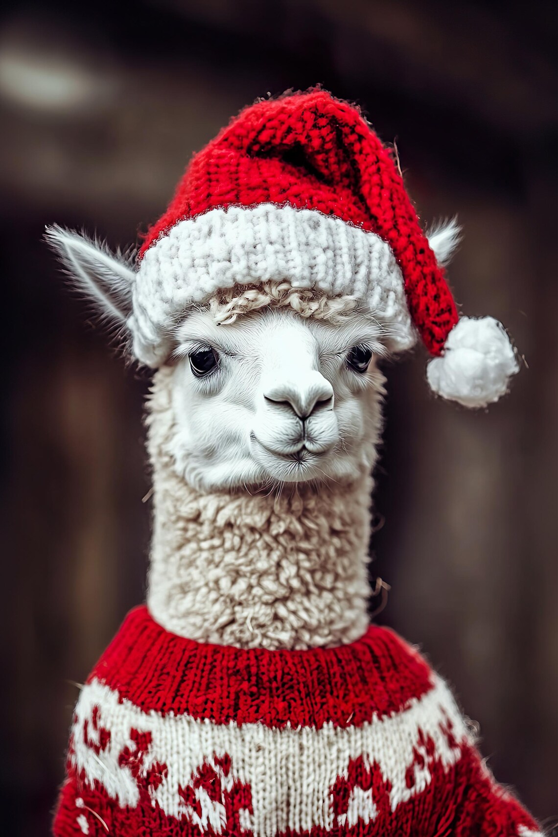 Alpaca in Santa Hat and Red Knit Sweater Cute Christmas Winter Animal Poster - Image 2