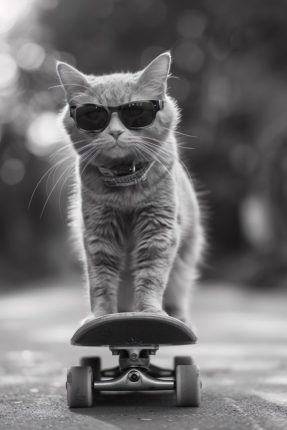 Cat Skateboarding Funny Animal Wall Art Cat On Skateboard Print Funny Vintage Cat Photo Black White Photography Ai Art