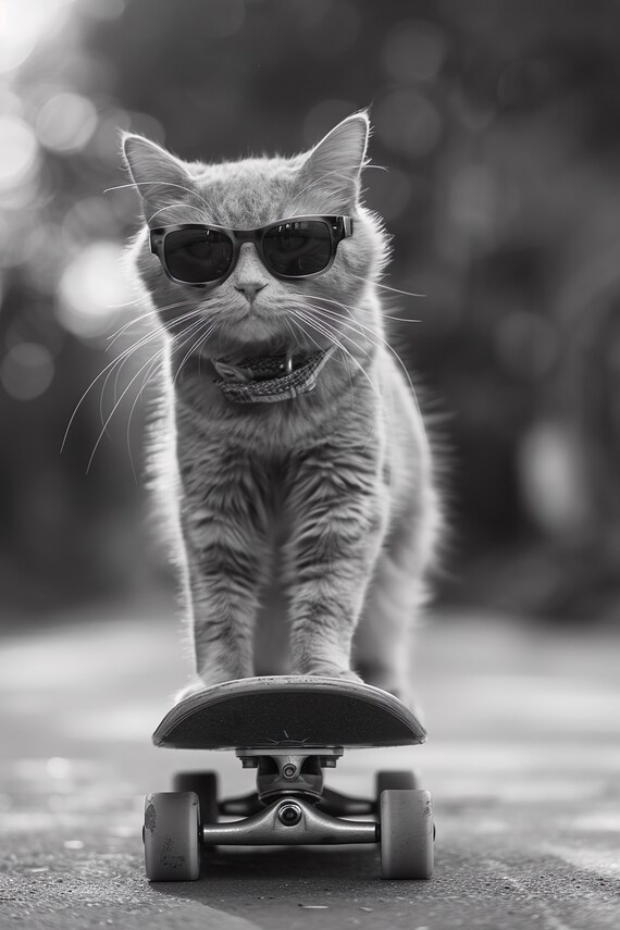 Cool Cat with Sunglasses Skateboarding Funny Black and White Poster