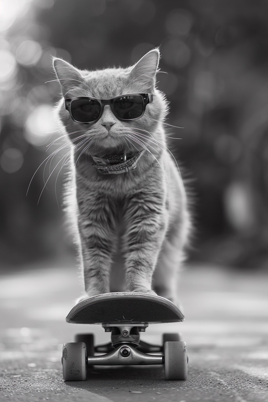 Cool Cat with Sunglasses Skateboarding Funny Black and White Poster