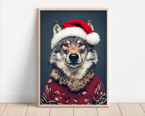 Cute Christmas Wolf Funny Christmas Wall Art Retro Winter Animals Christmas Home Decor Funny Wolf Photo Print Ai Art