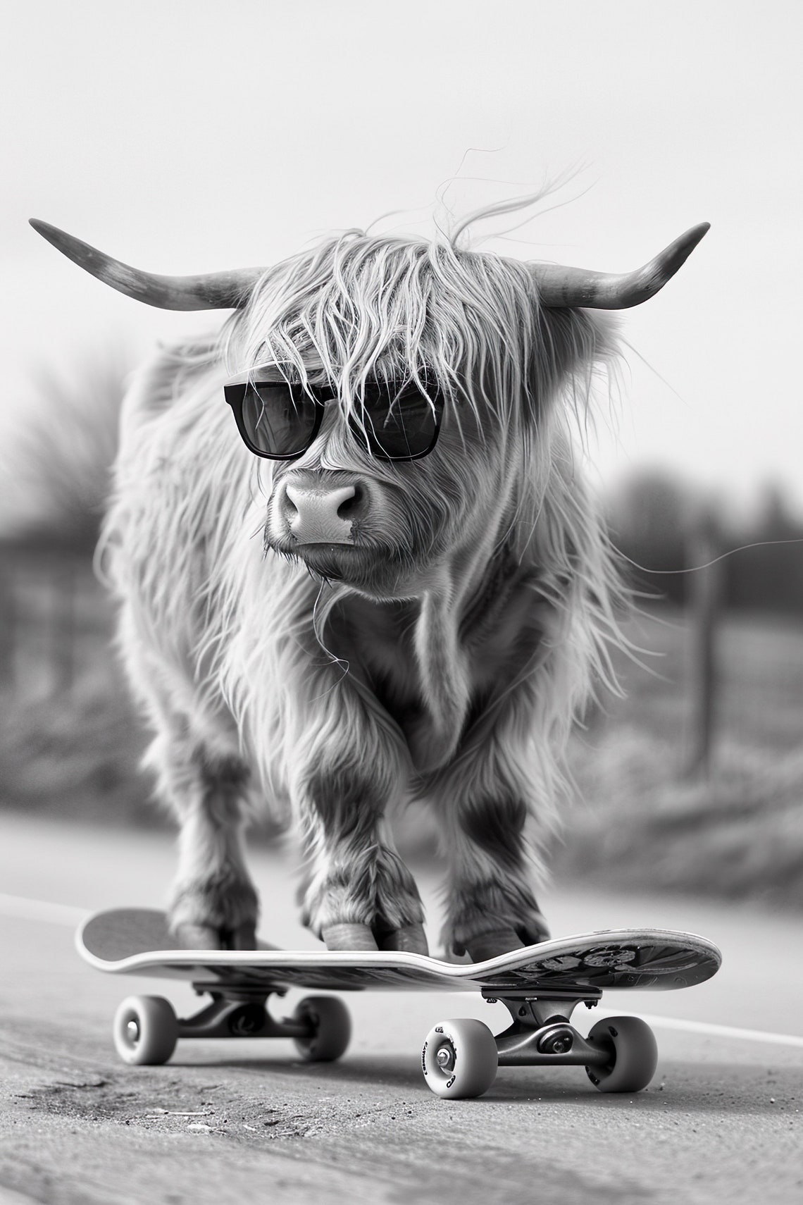 Highland Cow Skateboarding Funny Animal Wall Art Cow On Skateboard Funny Cow Photo Print Animal Photography Home Ai Art