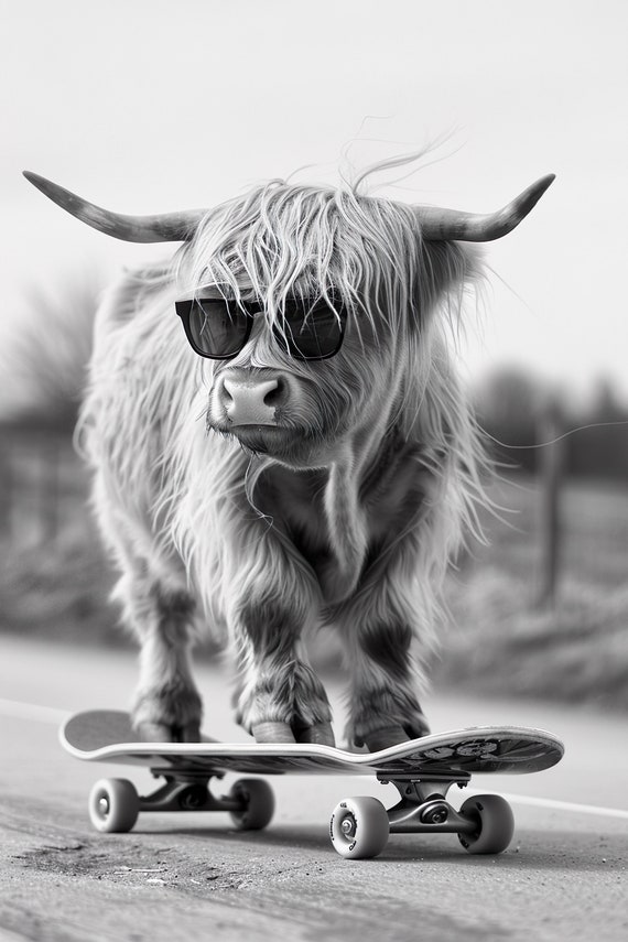 Highland Cow Skateboarding Funny Animal Wall Art Cow On Skateboard Funny Cow Photo Print Animal Photography Home Ai Art