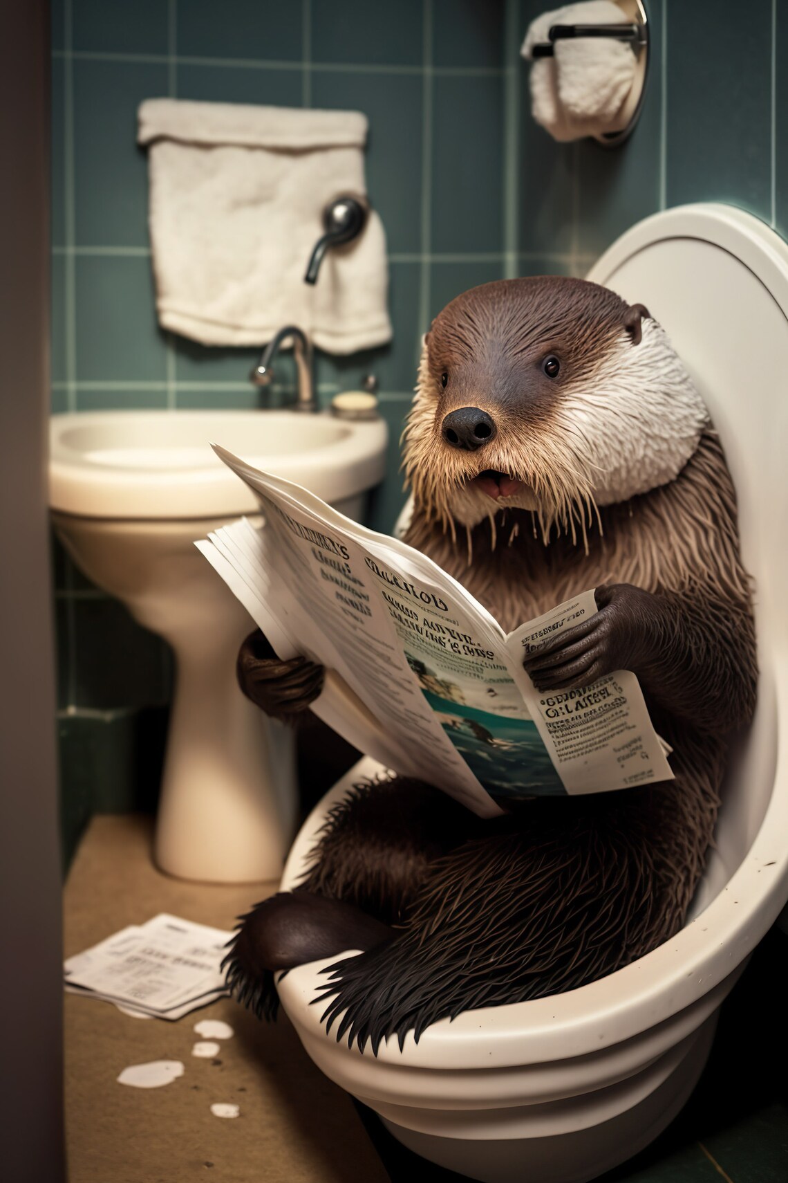 Otter Sitting on the Toilet Reading Newspaper Art Print