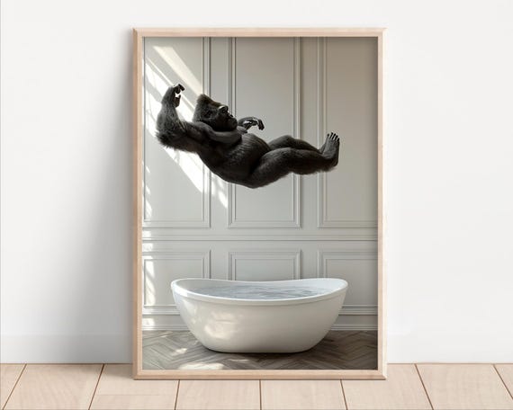 Gorilla Jumping Into Bathtub Funny Bathroom Wall Art Decor Animals Taking A Bath Vintage Style Retro Gorilla Print Ai Art