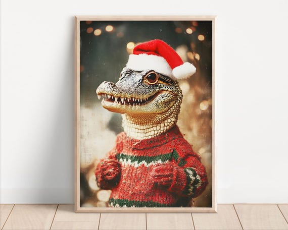 Cute Christmas Crocodile Funny Christmas Wall Art Retro Winter Animals Christmas Home Decor Funny Crocodile Photo Ai Art