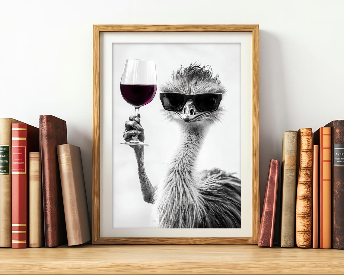 Ostrich With Sunglasses Holding Red Wine Glass Funny Animal Poster - Image 3