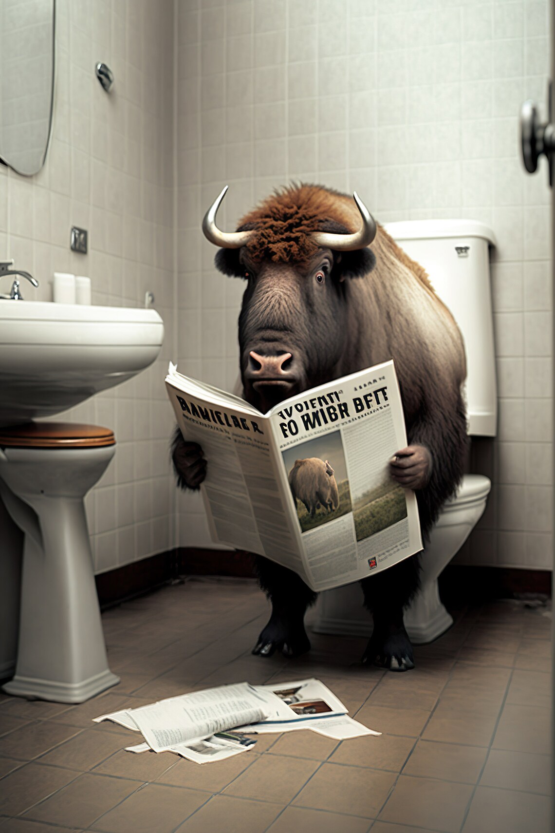 Bison Sitting on the Toilet Reading a Newspaper