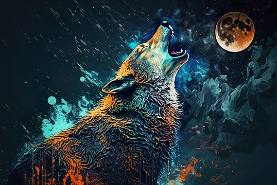 Wolf Howling At Moon Night Sky Colorful Digital Wildlife Poster