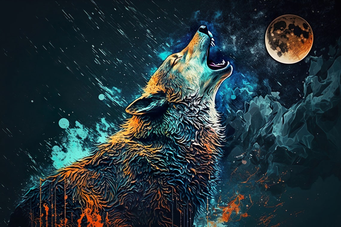 Wolf Howling At Moon Night Sky Colorful Digital Wildlife Poster