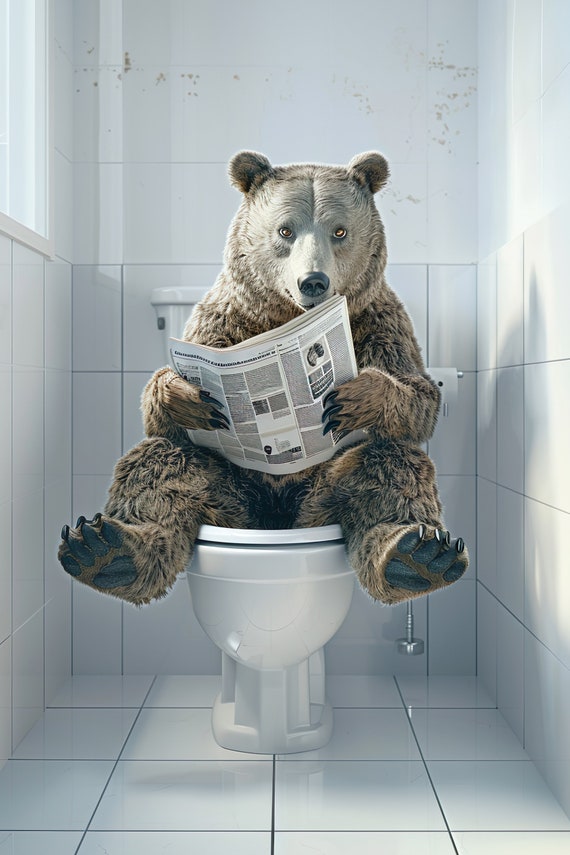 Bear Sitting On The Toilet Reading A Newspaper Funny Bathroom Humor Wall Decor Funny Animal Print Home Ai Prints