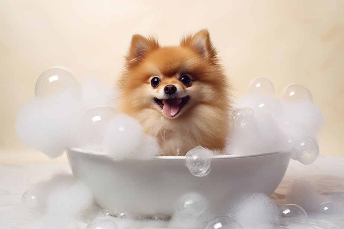 Pomeranian Pup In The Bathtub Bathroom Art Print