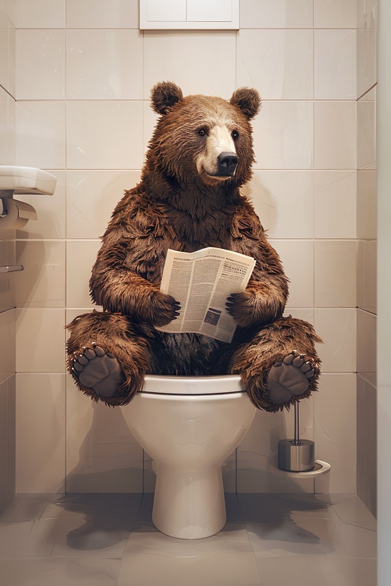 Bear Sitting On The Toilet Reading A Newspaper Funny Bathroom Humor Wall Decor Funny Animal Print Home Ai Prints