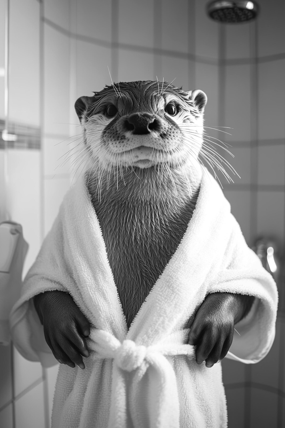 Funny Otter Bathrobe Black White Bathroom Humor Animal Photo Poster - Image 2
