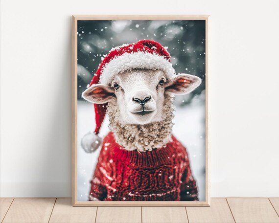 Sheep in Santa Hat and Red Knit Sweater Snowy Christmas Winter Animal Poster